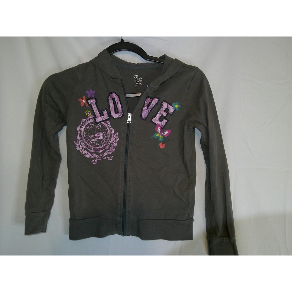 The‎ Children's Place Girls Gray Full Zip Hoodie LOVE Crown M 7/8 Casual